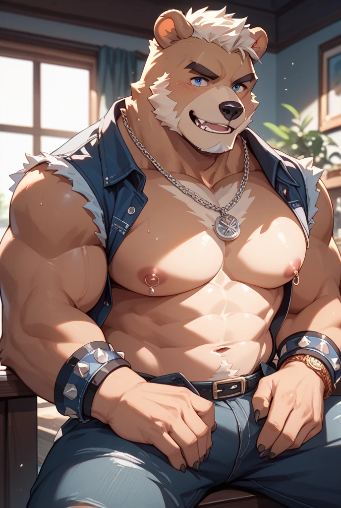 ((by Shuro)), (anthropomorphic wolf character:1.1)、(Hairy)、Super huge pectoral muscles、Wide shoulders、Very excessive muscle、Hairy、((I'm sweating a lot、Sweaty)), ((Groin bulge)), Bedroom、(Huge nipples、Super huge areola、Big Breasts、Swollen nipples:1.3)