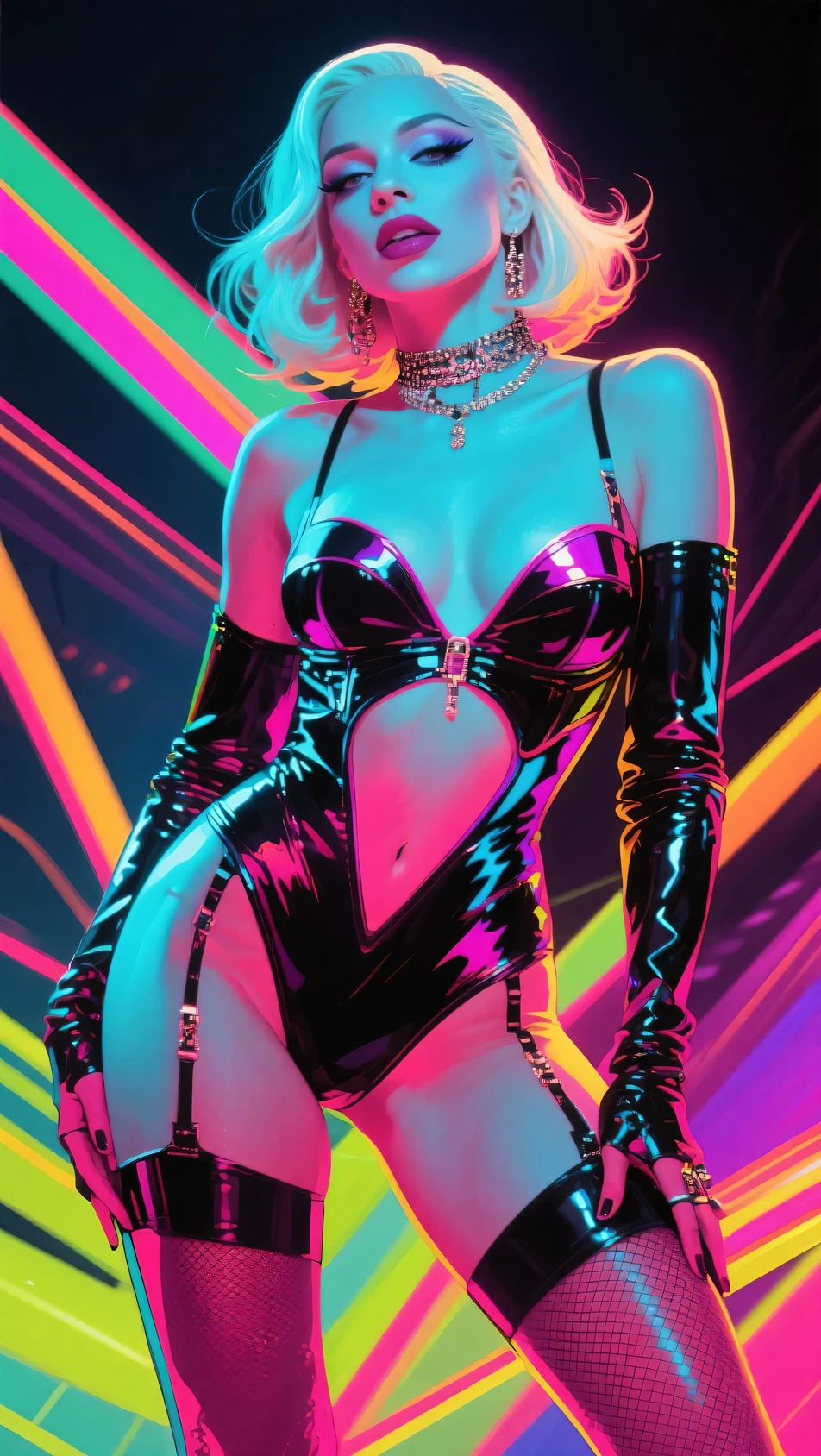 be ethereal, loose bun, lasts transparent bioluminescent, sexy big Sensual Goku sunglasses + Sarada Power, yellow hair spray curled full body posture, Kung Fu art low crouching perspective, emitting moody constellation of hues including brown, rot, pink neon , lemon, love it neon cyan, surrounded by a storm of luxurious light, explosão de laranjas e rots