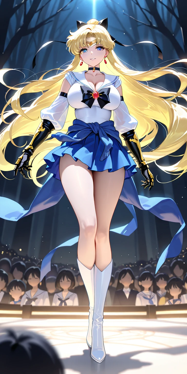 Meisterwerk, best quality, hight resolution, mer1, Tiara, Matrosen-Senshi-Uniform, blauer Rock, blauer Matrosenkragen, Tiara, Bogen, kniehohe Stiefel, Halskette, white gloves, blue Halskette, elBogen gloves, Schmuck, Ohrringe, Faltenrock, Cowboy erschossen, al fresco