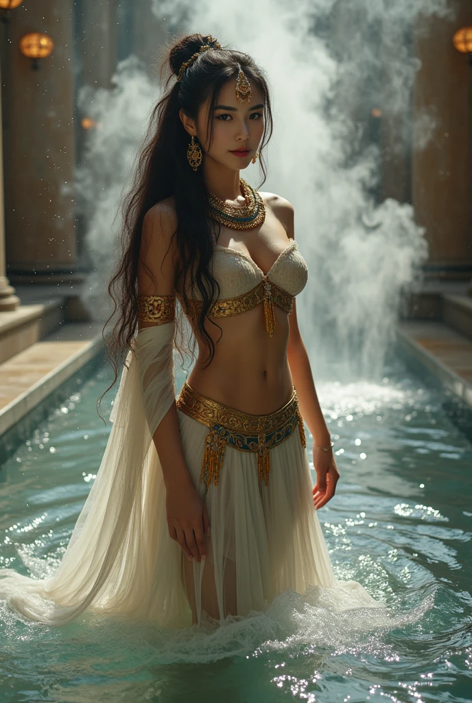 . tanned big green eyes . eyelashes Egyptian face slender body long thin waist big breasts big buttocks long golden hair with golden crown full body light blue dress with blue tulle in a cascade dolphins behind her back