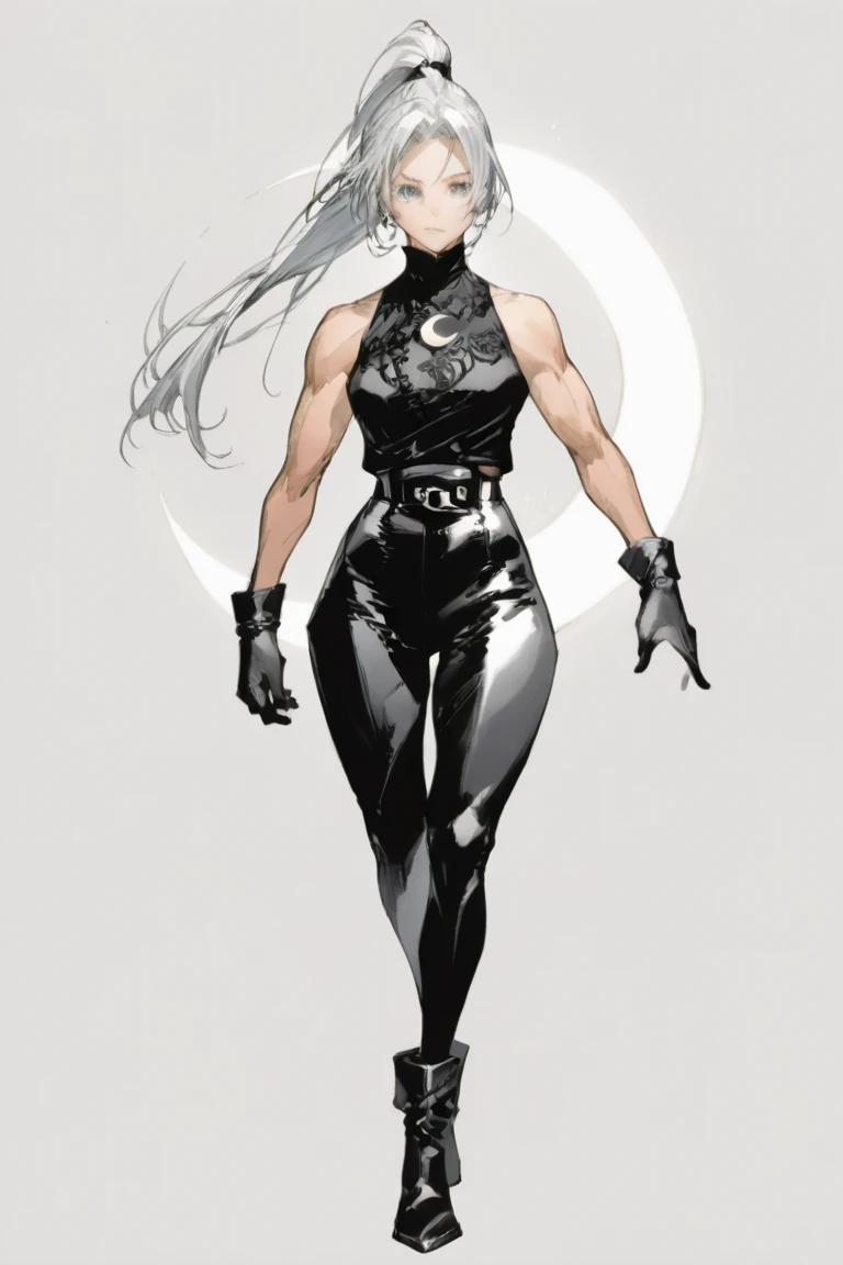 A muscular 35-year-old warrior woman almost naked in the Simon Bisley style for the cover of Heavy Metal magazine, hair half black half white, Minimum clothing, Short clothes,