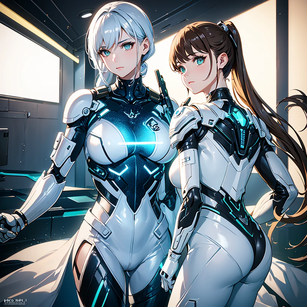 top-quality、Magazine Viewing、magazine title、fashion magazine、masuter piece、covers、2girls、(White spacesuit)、(a blond):1.5、(Futuristic, tight-fitting bodysuit)、head phone、Cyberpunk spaceship interior background、​masterpiece、top-quality、