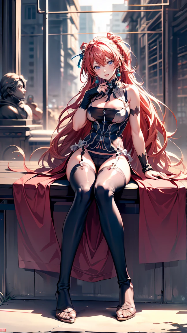 masterpiece, best quality, (realistic, 1girl, solo, beautiful face, detailed face, beautiful eyes), (breasts), thighs, long hair, ponytail, breasts contains, (red wear), bare shoulder, elbow gloves, skirt curtain,sexy,seductive --auto --s2