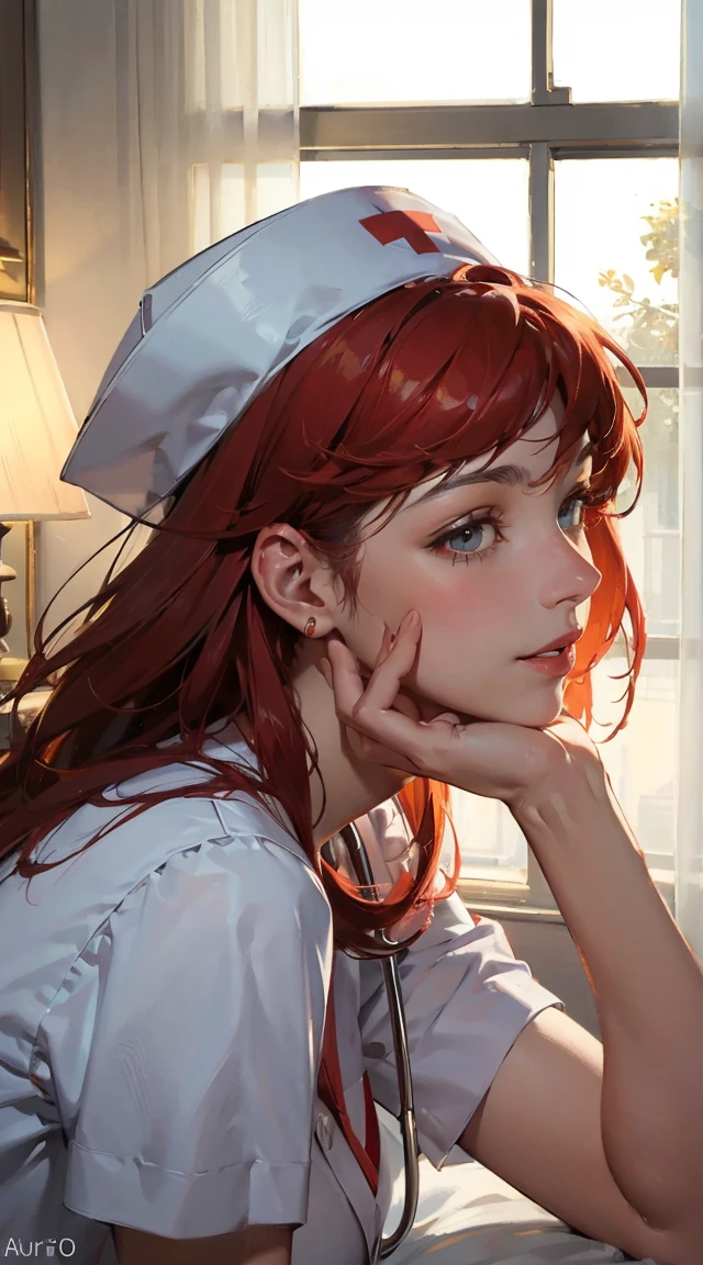 masterpiece, ultra-detailed, best quality ,intricate details ,ai-generated, perfect anatomy, absurdres,depth of field,portrait,dynamic lighting,backlighting, high res,high saturation,luster, glowing ,high detailed face,high detailed hair, high detailed hands , high detailed fingers ,beautiful face,beautiful provocative posture,seductive looks ,( Pyrrha Nikos,full body from side, shiny texture, parted lips, shy smile, lips, curvy, red hair, fair skin ),( pink nurse, nurse cap, lying on bed,in hotel room),sharp focus, perfect hands, perfect face, perfect eyes, perfect light, dynamic light, natural light