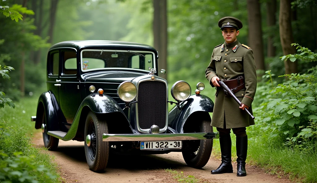 On the streets of Germany a German soldier in military uniform driving a vintage car with white gloves in a convertible --auto