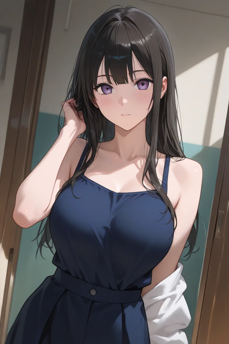 Cleavage,Realistic,real person,(pale skin: 1.2),RAW photo,photorealistic,shiny skin,shiny hair,(A 25-year-old woman with straight hair and bangs)and(medium hair)and(black hair)and(purple eyes),BREAK(white off shoulder blouse)BREAK,(angry:1.3),The background is the hallway of the house,Alone,put hands on hips