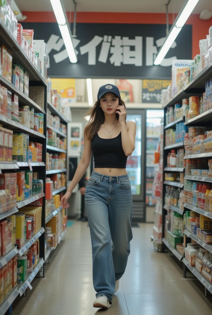 A young woman long hair, wearing crop top and long jeans and baseball cap, walked around the convenience store aisle while holding phone to her ear, bustling