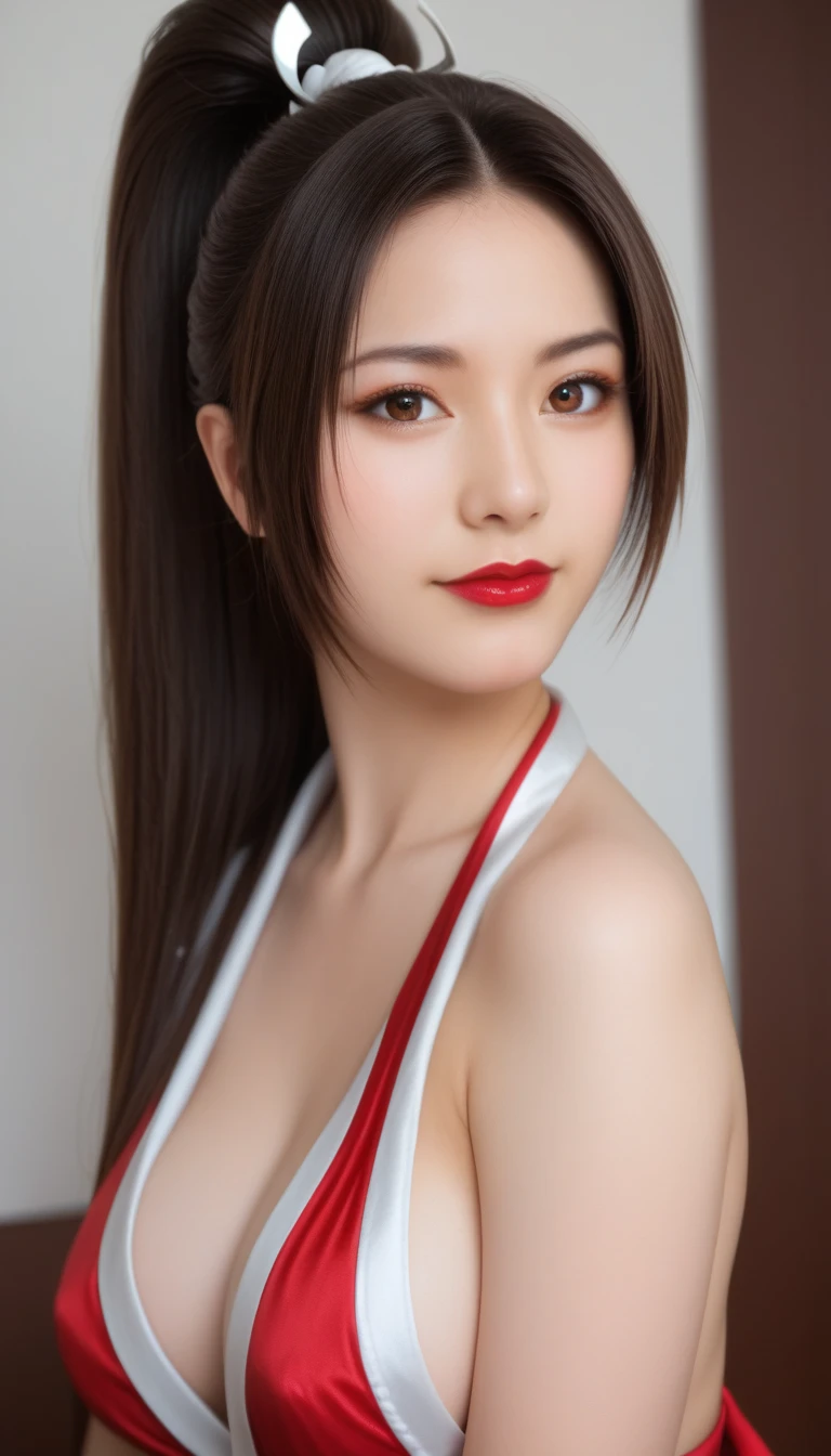 Mai Shiranui, (best quality, ultra-detalhado, Realistic:1.37), rosto delicado, rosto detalhado, Sweet smile expression, corpo perfeito, Textura ultrarrealista, Retrato, vivid colors, soft lighting