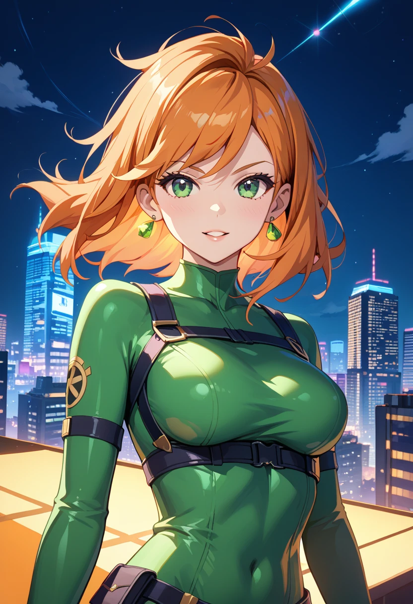 masterpiece, highest quality, High resolution, 1 girl, ticker, Ahoge, big breasts, race_Queen, green leotard, Jacket, embarrassing,closed mouth, field,