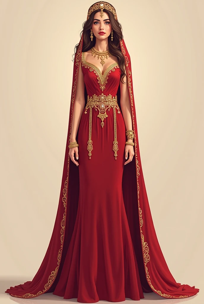 ultra-detailed 3d character of the highest quality, arab-indian mature woman as beautiful as the miss universe. She's wearing a metallic crimson velvet indian sari top. She's wearing translucid iridescent arabian pants. She's wearing translucent light blue arab harem pants. She's wearing a sparkling see-through golden floor-length skirt. She's wearing a sparkling light gray silk open robe over the clothes. She's wearing open-toe high heeled sandals. She's wearing intricate sheer white lace bridal gauntlets.