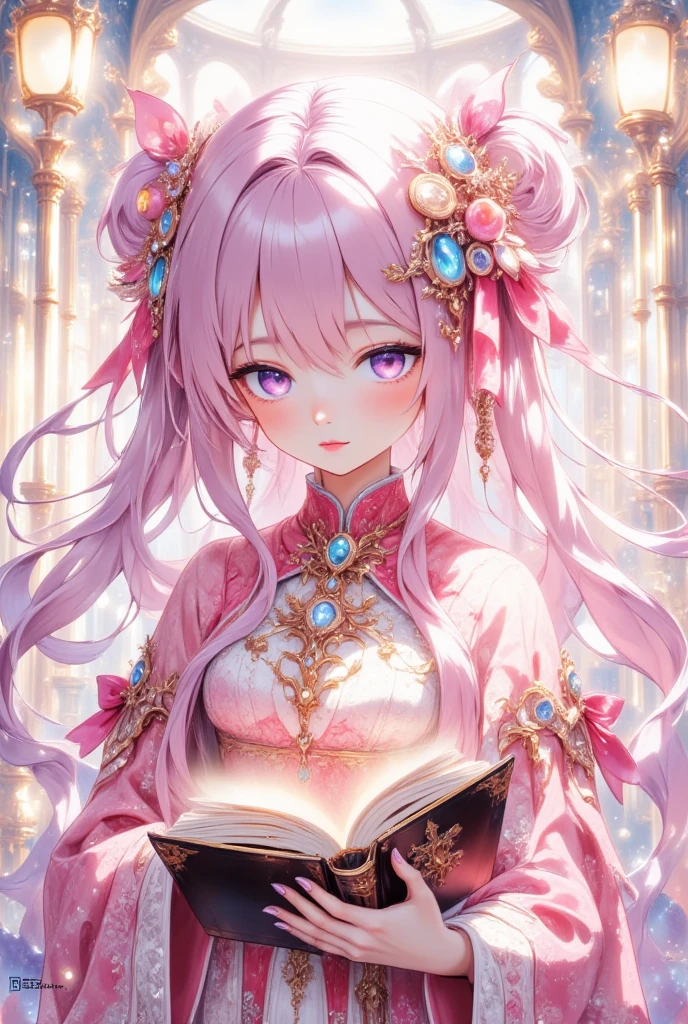 anime girl with pink hair and a pink outfit holding a book, ayaka genshin impact, cushart krenz key art feminine, oppai, best anime 4k konachan wallpaper, biomechanical oppai, ayaka game genshin impact, extremely detailed artgerm, seductive anime girl, scales covering her chest, shalltear bloodfallen