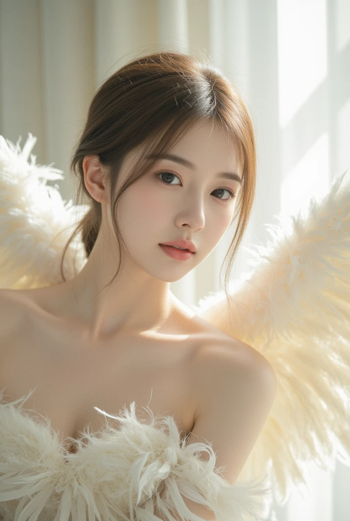 masterpiece, top quality, 8K, real person, realistic, very dense CG, shiny skin, fully focused, heaven, divine glory, radiant, angel, blessing, happiness,