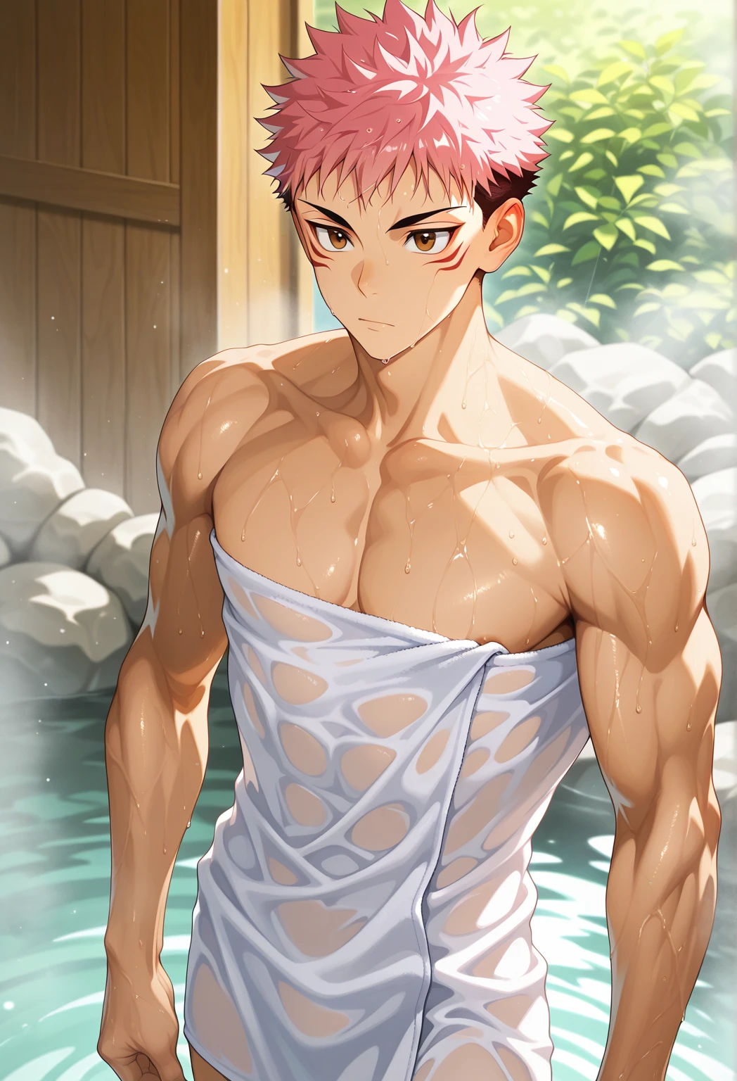absurdres, highres, ultra detailed, HDR, master piece, best quality, extremely detailed, Ryoumen Sukuna, pink hair, expressive red eyes, Jujutsu Kaisen, solo, sexy man, handsome, horny, sensual, without clothes, naked, taking a shower, bathroom, water, bathtub, sitting, Nu Carnival