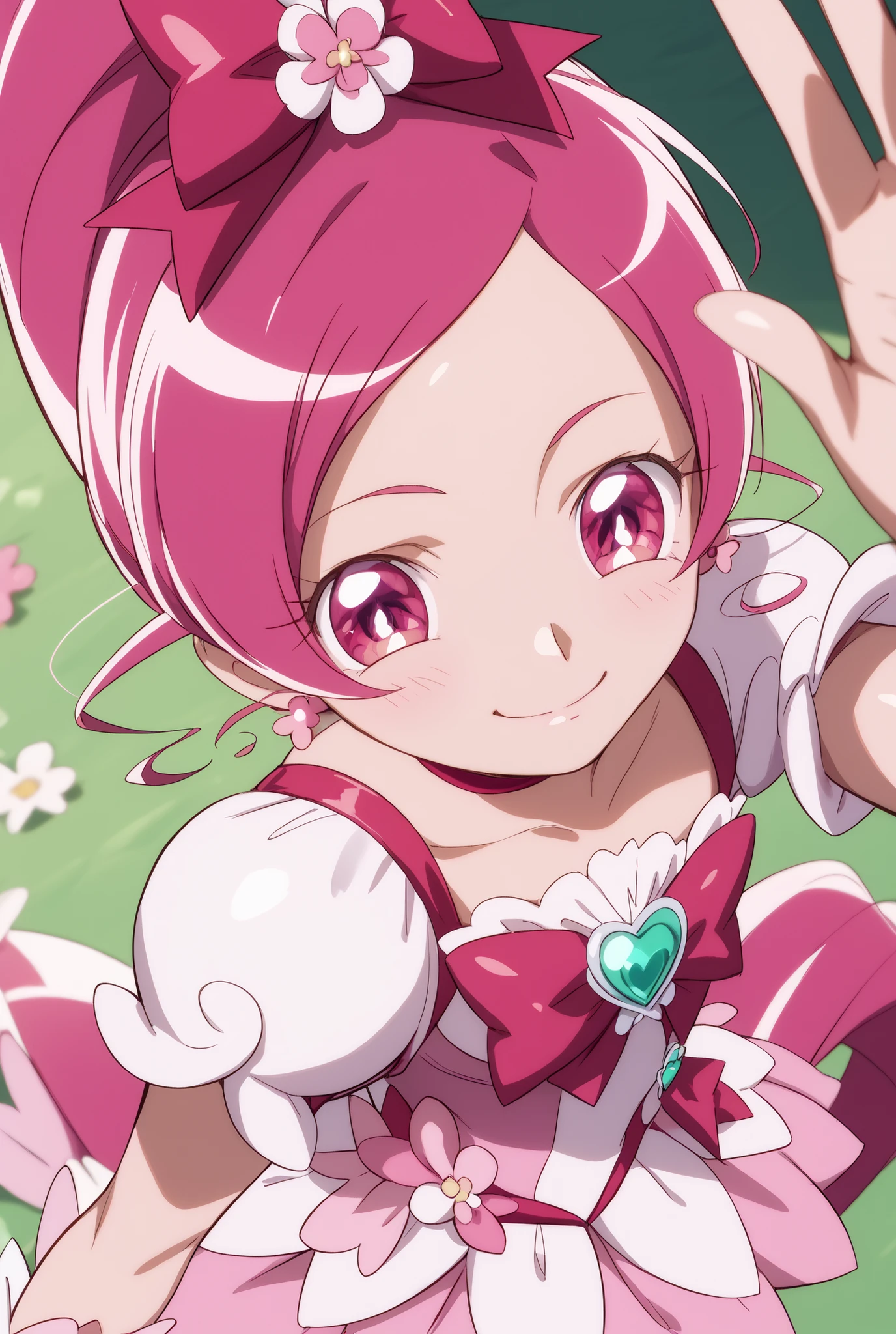 Heart Catch Pretty Cure、cute、cure blossom、beautiful background、 Slim、Small breasts、Shiny on the skin、smile、happy、angles from above、large futon behind a woman's face、