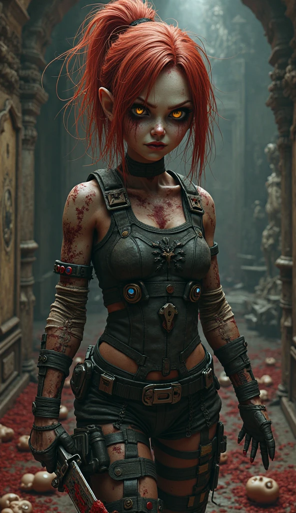 there is a woman walking in a room with blood on her face, bloody + concept art, artwork in the style of guweiz, eerie art style, guweiz on pixiv artstation, guweiz on artstation pixiv, detailed 4k horror artwork, dark fantasy horror art, dark fantasy style art, deviantart artstation cgscosiety