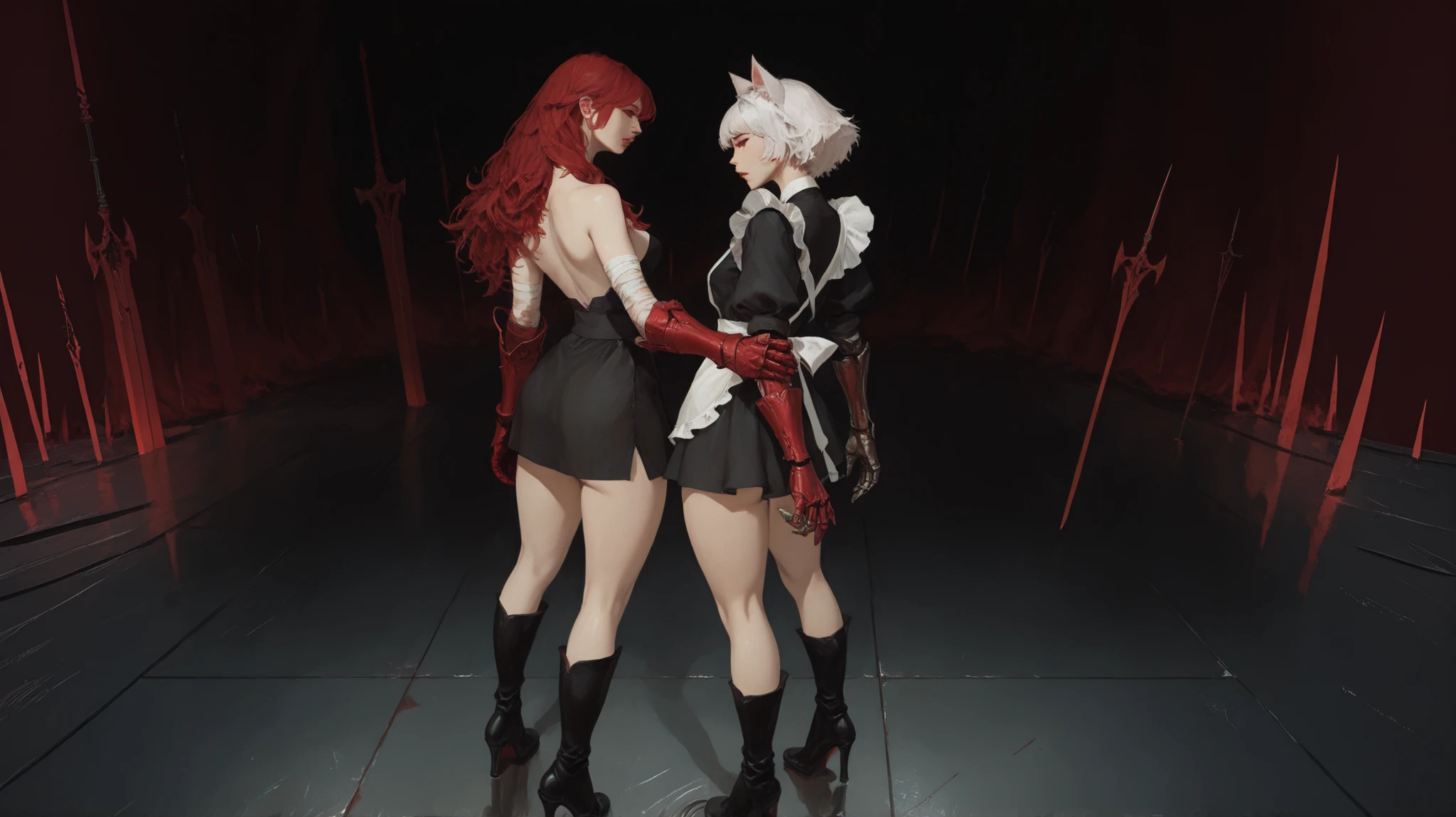 Beautiful girl with cat ears, short white hair, with a long side fringe, ojos rojos, sharp eye, beautiful skin, extremely nice body, ,((pretty face)),   A maid's uniform, short skirts, (maid) , (A big, red gauntlet on the right arm), (left arm without gauntlet hands bandaged) ( a spear in his hand ), (black boots with heels), beautiful thighs, (She is standing on her back), (profile), (his back is visible) , (The stage is a laboratory with a large pond in the center and in the background you can see in front of (a woman with long red hair wearing completely black clothes and a red sword in her hand)(dark laboratory), (works), (metal floor))