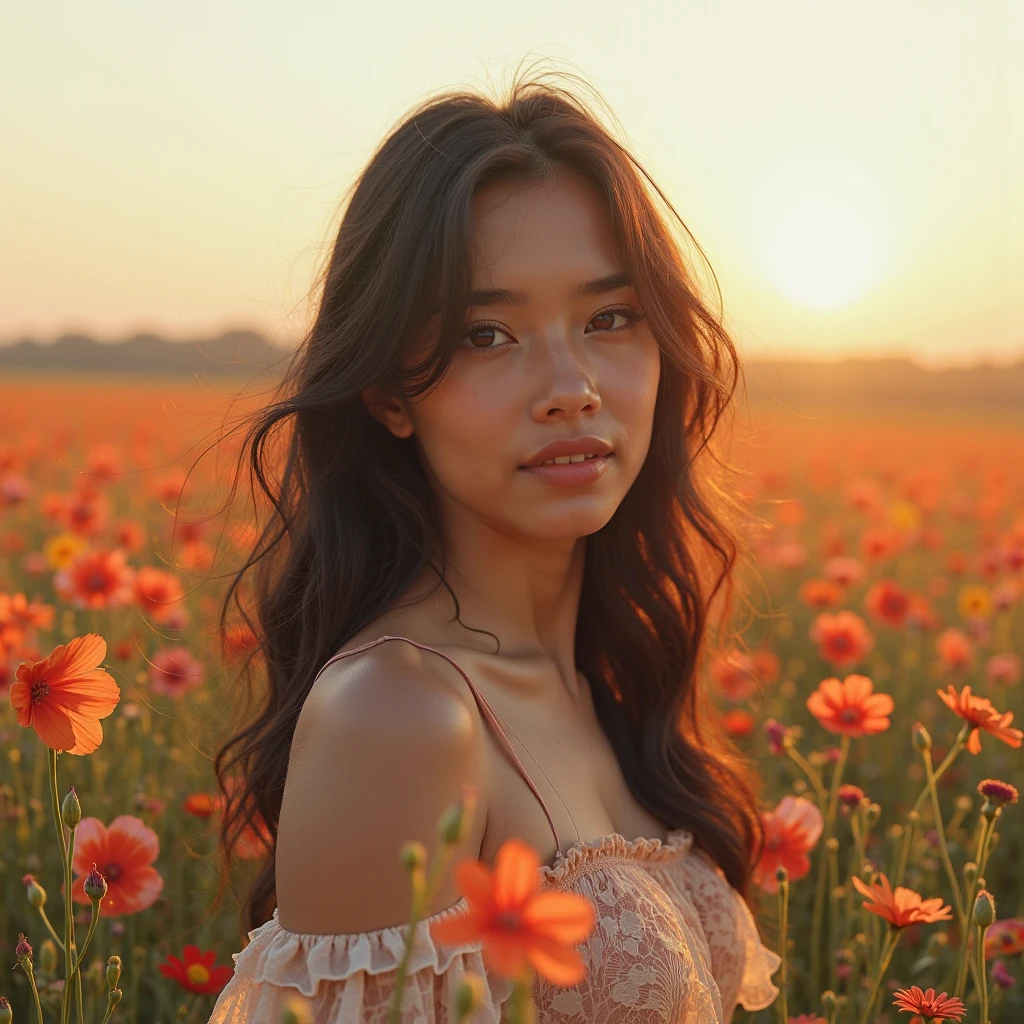 A woman with beautiful wavy brown hair lies in a field of red poppies. summer, sunset on the background. Sun rays on the field.
