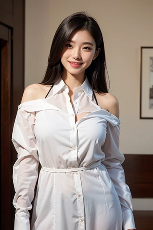 mini skirt, people間らしい肌質,１people、 maid Cafe、Maid clothes, Delicate skin quality、日本people、((Highest quality, 4K, Masterpiece: 1.3)), Beautiful style: 1.4, Black Hair, Large Breasts, Sweaty, Hands behind back, smile, Highly detailed face and skin texture, Fine grain, double eyelid、The whole body is visible、White teeth