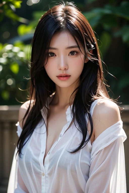 Close-up of a woman wearing a white shirt standing in the rain., sexy girl, revealing clothes, White, bright, smooth skin, rift, beautiful Asian girl, translucent body, Japanese goddess, Asian girl, sexy :8, Gorgeous Chinese model, Beautiful breasts sfw, beautiful upper body, beautiful asian woman, jaw-dropping beauty, Wet shirt, beautiful south korean women