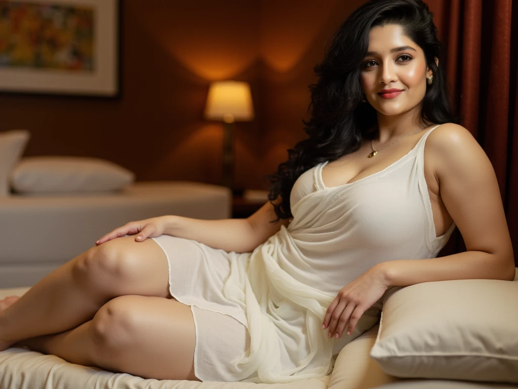 sultry yet sophisticated demeanor.realistic, Classic Bollywood glamour, wearing red evening gown open from front side,, dazzling accessories, (captivating eyes, red lips, flawless skin), luxurious backdrop, velvet curtains, dramatic pose, interesting composition, spotlight illumination, rich shadows, sparkling bokeh, exquisite details, high-resolution, 35mm film, timeless elegance, natural blurry, spread legs:1.2, clean shaved vagina, dark brown_hair, large_breast, holding_breasts, looking at the viewer,full body shot,smilling ,naked leg ,smiling
