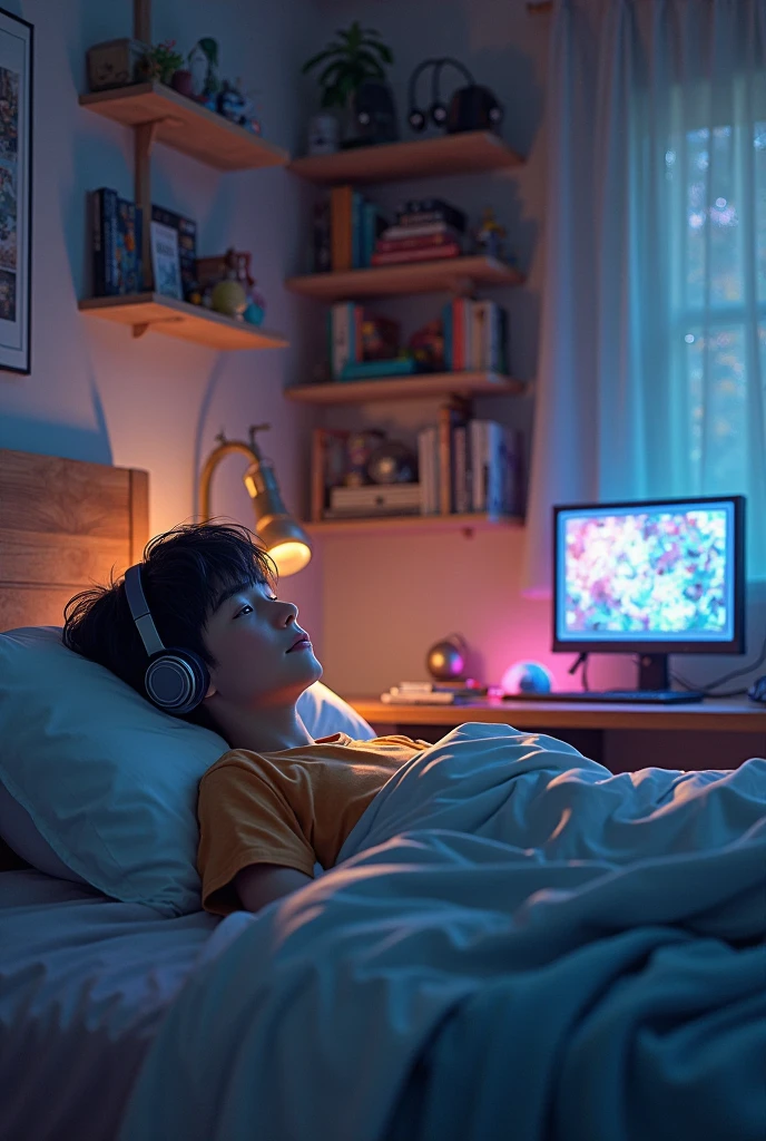 One boy at the gaming bedroom he sleeping