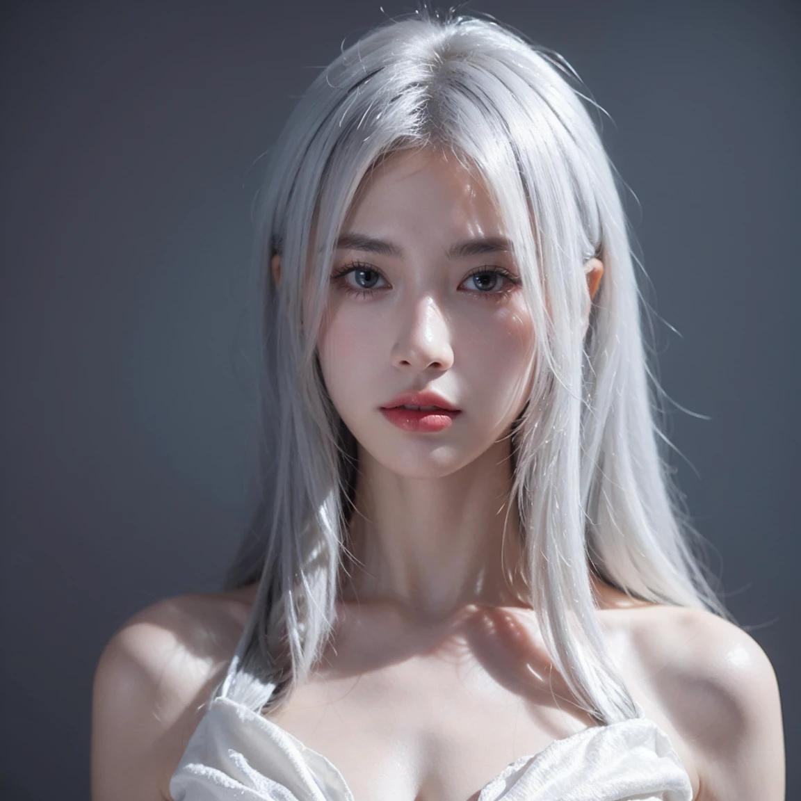 Realistic anime girl with white skin, golden eyes, white hair, and dragon tattoos