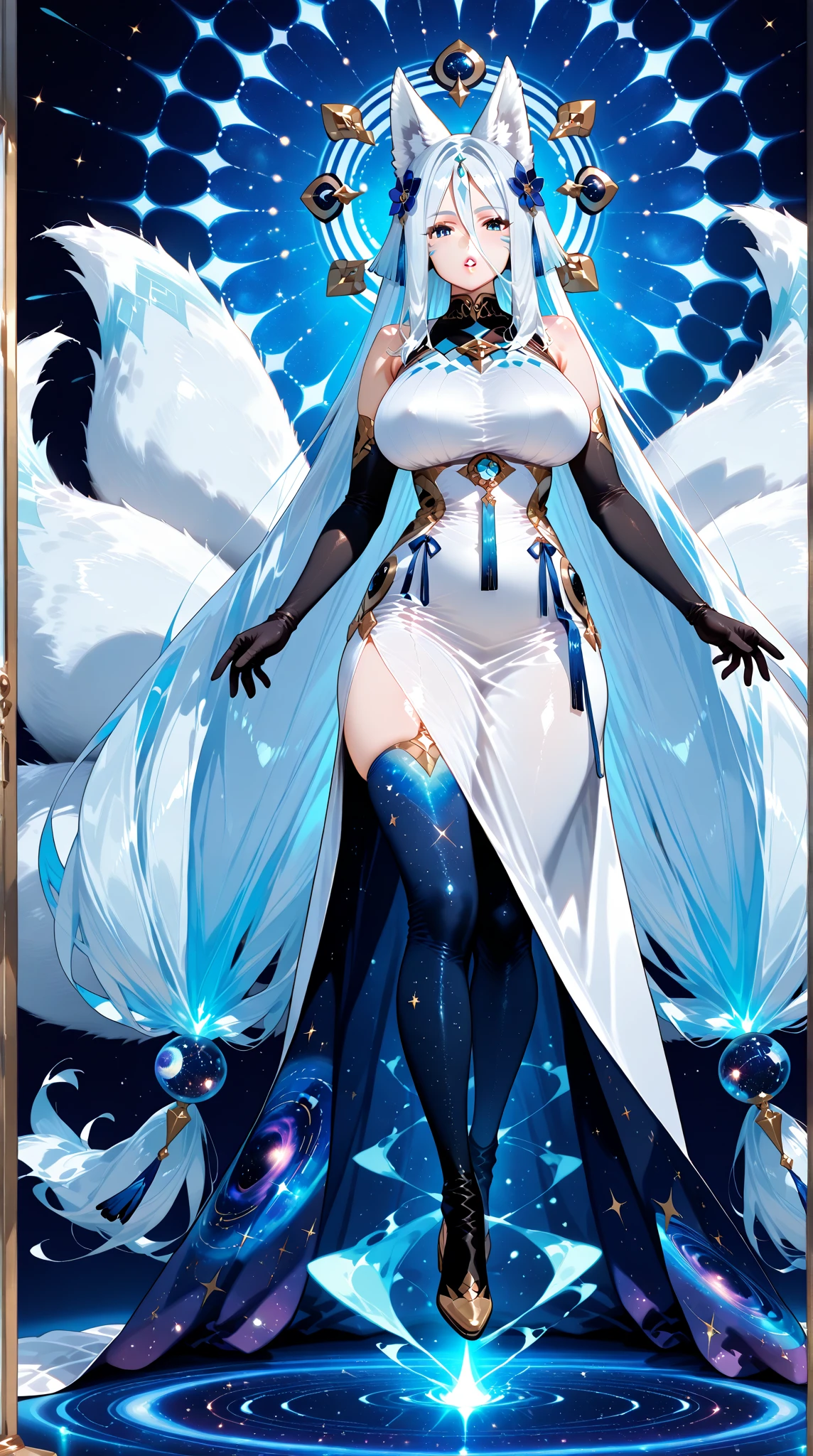 1girl, medium hair, blue hair, blue eyes, large breasts, white dress, animal ears, fox ears, white fox tail,smile, palace, standing, looking at viewer, <lora:Liliana:0.6>,full body, far view, super wide shot, (masterpiece, best quality, high quality, highres, ultra-detailed),