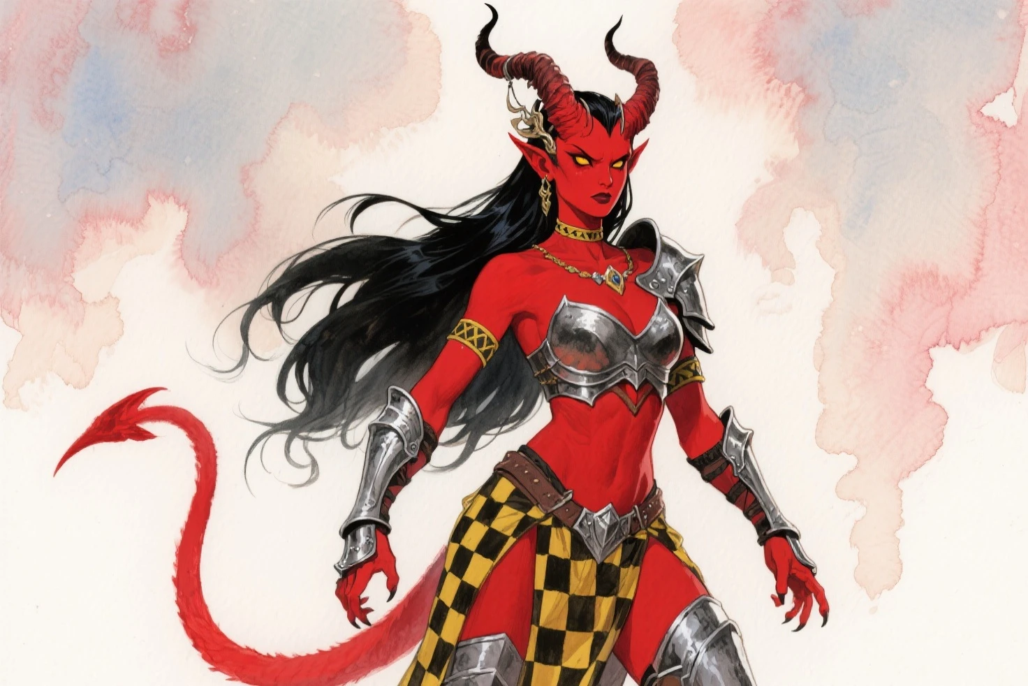 Red skin succubus tiefling, medium breasts, black horns, wings, huge tail, black leather, crop top, long flowing pelvic curtain, tall, toned, graceful, thin, long black ponytail. Action scene, whip. Dark scene, explosions, night sky.