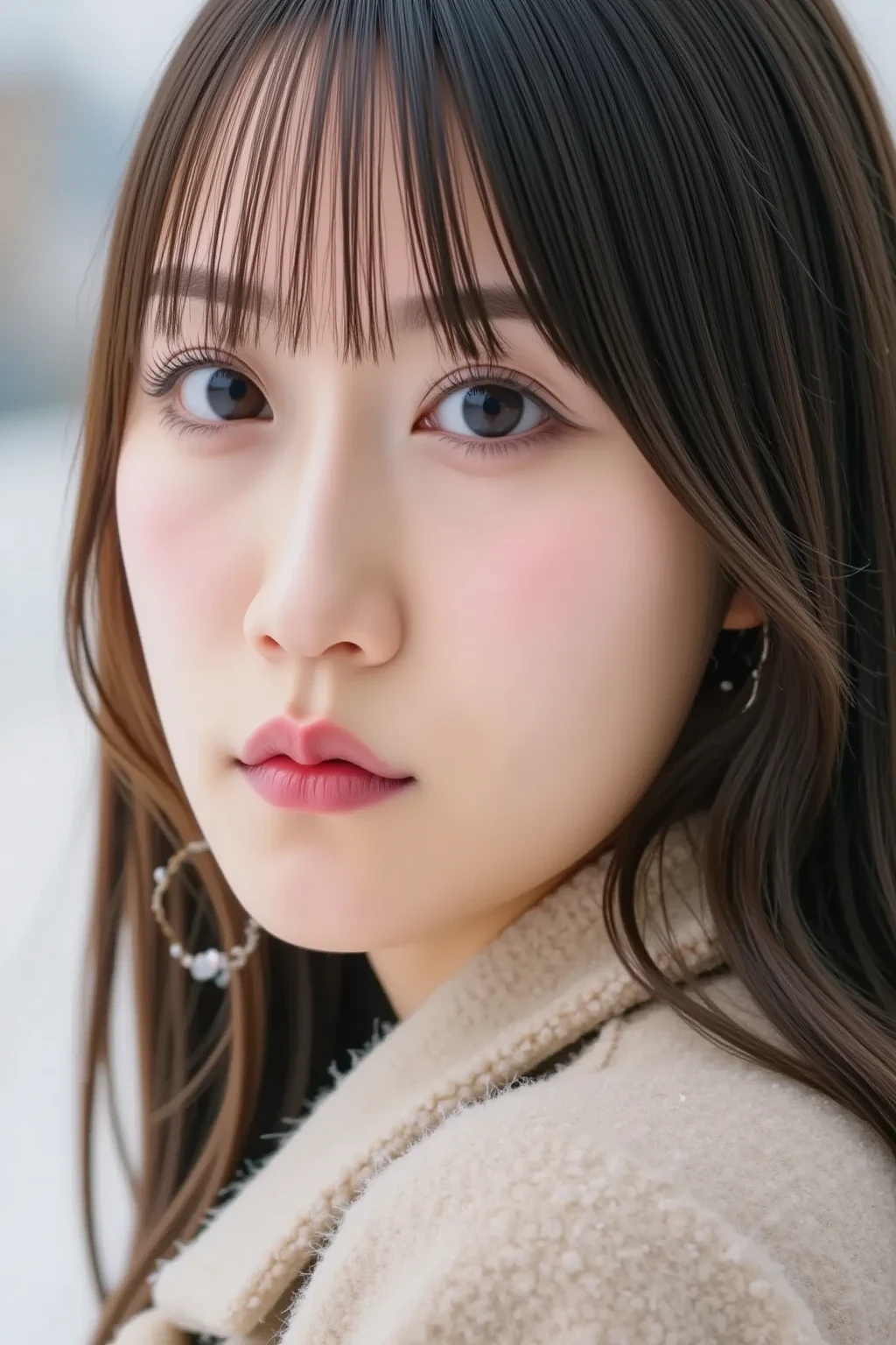 (((Ultra-high resolution、Close-up)))、Long, straight black hair frames her face、So that every single hair is clearly visible、Depicts subtle color changes depending on the amount of light hitting the subject、The skin is white and smooth、Has a natural glow、Fine skin texture、Representing the fine details of pores、amountや頬に薄い赤みがある部分を詳細に、The eyes are almond-shaped and dark brown.、Fine details of the iris、Depicts color gradations and patterns、Long, natural-looking eyelashes, each and every one visible、Well-groomed eyebrows、indivual々The hair is clearly visible、Light reflects off into the eyes、Create small highlights、noseは繊細で、nose孔の細かいディテールがある、Lips are plump and naturally pink、Depicts the fine lines and soft curves of the lips、Shiny、Accentuate the shape、Detailed depiction of lip texture、Particular attention to the depiction of light and shadow、Soft natural light gently illuminates the face from the front、amount、nose、Creates a subtle glow on the cheeks、Shadows are cast softly along the contours of the face、cheekbone、Jaw Curve、noseの側面を強調、The gloss of her lips reflects the light faintly.、Emphasizes plump texture、The shadow of the hair adds depth and dimension.、indivual々The hair shines in the light、The background is simple and blurred.、Focus on the face、In the highest quality、Representing the utmost detail