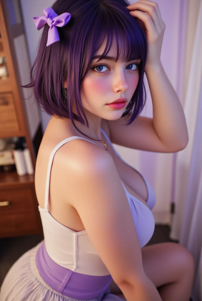 Japanese girl, with short purple hair, naked without clothes, showing the vagina, kneeling on the bed, with a thin body, and small breasts, on four