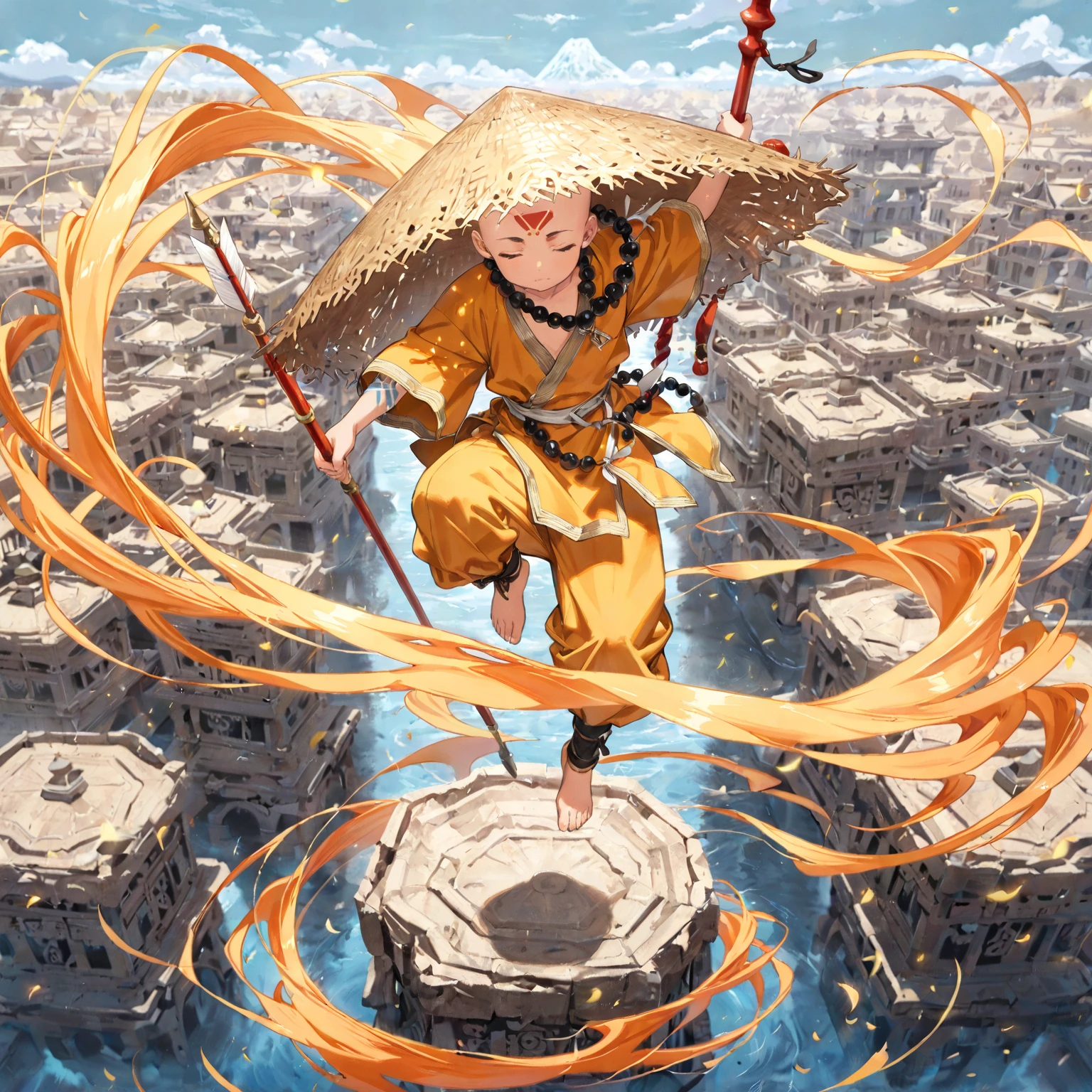 (masterpiece, Highest quality:1.2), (1boy), young adult, tall, ,solo,monk beads, bald, Straw Hat, Eyes closed, holding a bo staff, Orange and yellow Chinese monk clothing, Air temple background, meditating and floating, winds flowing pale blue forhead arrow tattoo.