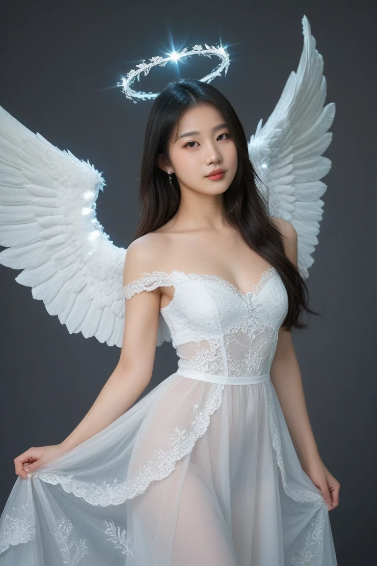 masterpiece, (best quality:1.2), [:intricate details:0.2], 1 girl, , Angel, Angel wings, White frills, (Daytime sky), A flashing halo, intense concentration, Burst energy, mystic symbols, Glittering particles,