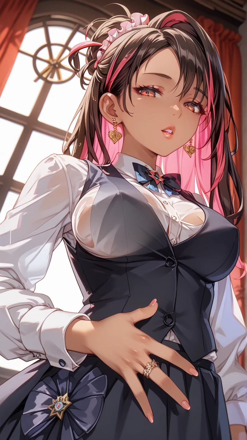 ((((Open your mouth))))、(masterpiece,Realistic depiction、Highest quality,High resolution, Top-of-the-line specifications、Very detailed,bb Festival),skinny,Ahoge,Black Hair,((((( Captivating smile 、Perfect Fingers )))) ,((Heart-shaped pupils:1.3, Blowjob Gestures:1.5))、Open your mouth,Heavy breathing ,、(Dark Room:1.5, Dim lighting:1.5)、Sharp Eye、White skin、Dark Hair、Long Hair、milf, Sleeveless Summer Sweater、High waist mini skirt、((Mega Big Tits)), Dark Fishnet、Dark High Heeleet at the door of the love hotel