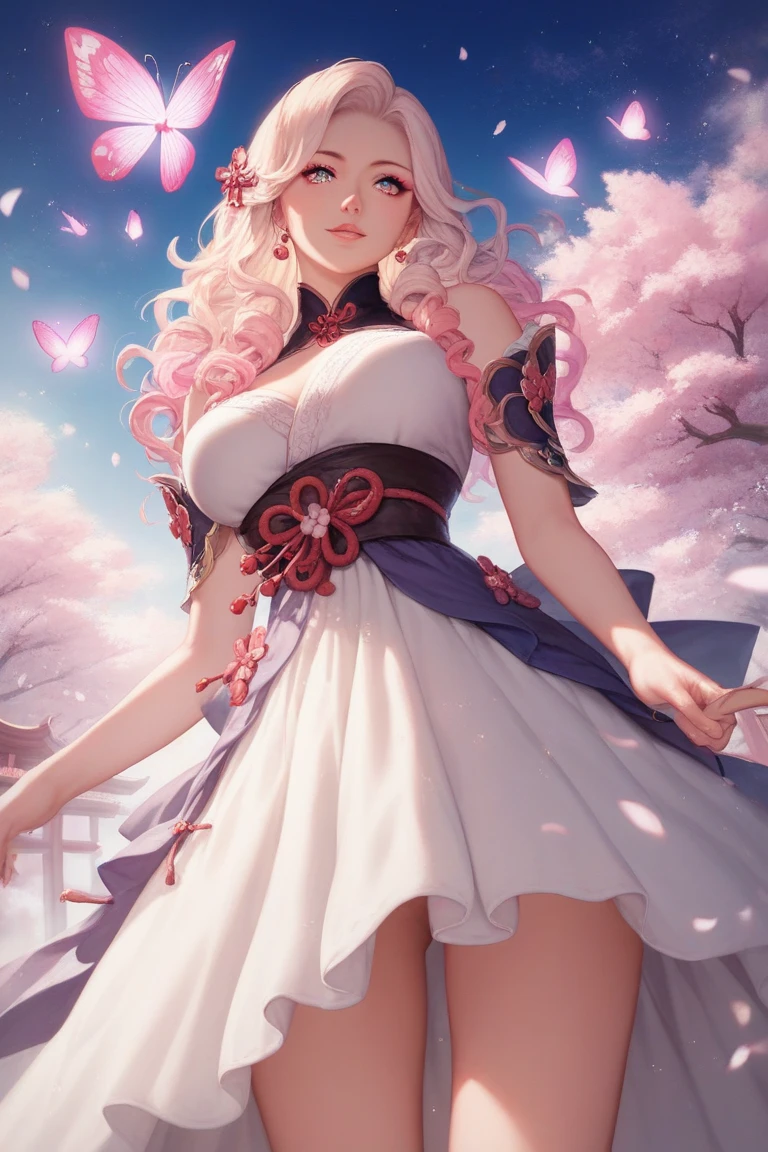 score_9, score_8_up, score_7_up, score_6_up, score_5_up, score_4_up, 1girl, beautiful, delicate features, flowing pastel hair, anime artwork, magical aura, fantasy meadow, cherry blossoms, intricate lace dress, glowing butterflies, soft bokeh, low-angle view, vibrant colors, dynamic composition, anime shading, sparkling particles, detailed eyes, gradient sunset, whimsical atmosphere
