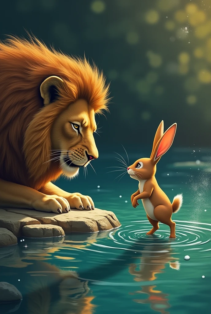 "The lion and the rabbit arrive at a deep, dark well in the middle of the forest. The lion peers into the well, seeing his reflection in the water, which he mistakes for another lion. The rabbit stands a little distance away, watching the lion's reaction with a sly smile."