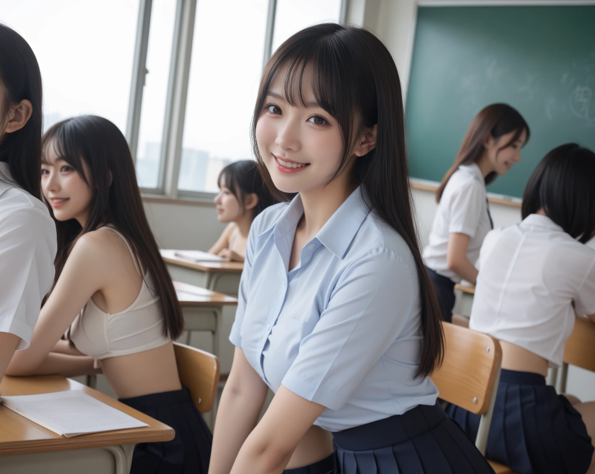 middle School girls、Student uniform、In the classroom、In the function room、Black Skirt、White shirt、Black Hair、Asian、10th Generation、Two people lined up、White panties、Skirt flipped up、Cute smile、Large Breasts、