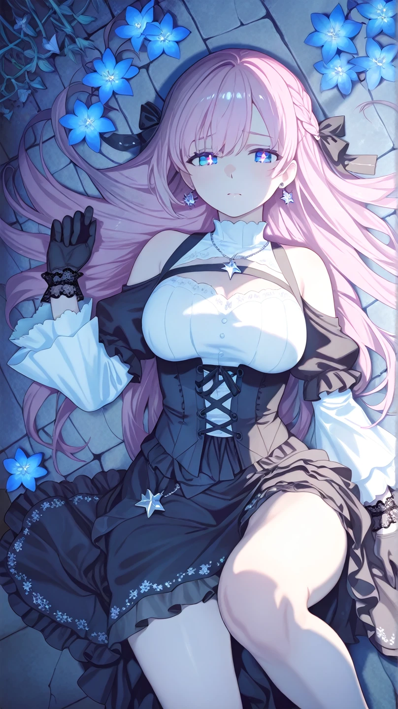 Masterpiece、Highest quality、Super detailed、1 girl、Light pink hair、Fluffy and soft long hair、Starry eyes、Big Tits、Cleavage、A dress that looks like a starry sky、garter belt、Twinkling Star々、crystal、ribbon、Lace cape、Lace veil、underwear、mysterious、Shining Star Castle