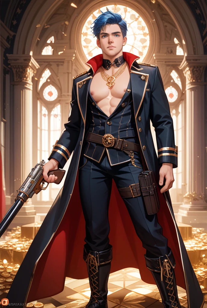 A man with a strong body , with a gray cape on the back, with blue pants, with white jacket, with short white hair, with brown shoes.