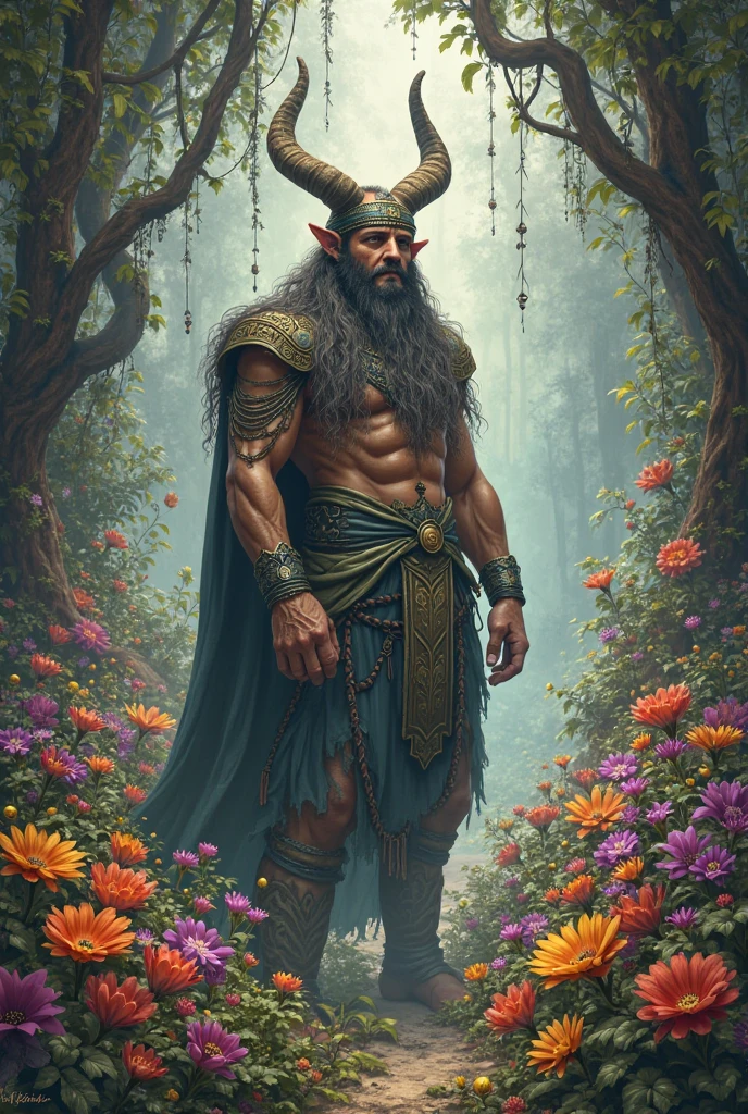 illustration of a male druid in a beautiful fantasy forest, fog, large antlers, holding staff, muscular, sunbeam, flower crown, body covered in vines and ivy, beard, swirling magic energy, flowers, best quality, masterpiece, extremely detailed, intricate details