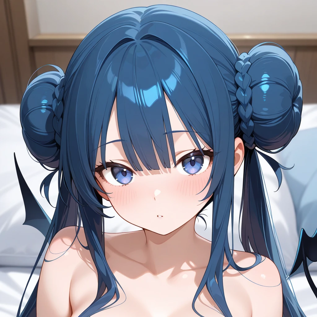 score_9, score_8_up, score_7_up, woman, 1girl, long hair, multicolored hair, black hair, sidelocks, blue hair, wavy hair, naked, lying face down, breasts against floor, resting head over arms, ass, medium breasts, closed mouth, smile, blush, upper body, nsfw, black background, simple background,