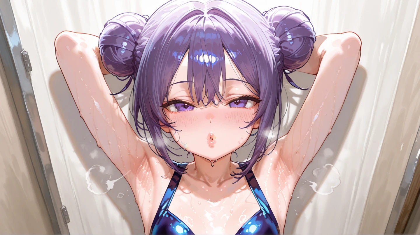 1girl, yuuka \(blue archive\), blue archive, purple hair, medium hair, purple eyes, halo, medium-sized breasts, purple bikini, (blushing), shy, nervous, (open mouth:0.75), :o, looking at viewer, front view, pool, wet, perfect, beautiful,
