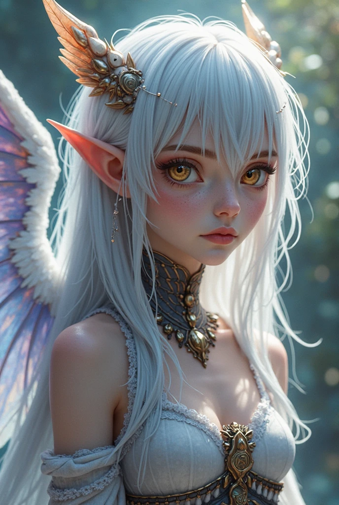vampire Girl Pale blue, medium length Red eyes It has wings A hat with frills She is wearing a light purple dress with a hint of pink. The skin area is small White skin Small breasts
