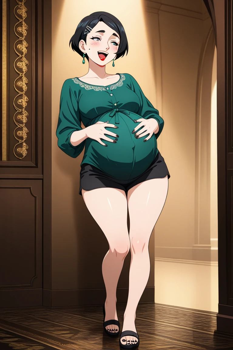 (Full body, glasses), An image of a pregnant girl with her belly on full display. She is a very voluptuous lady, she has a smug face
