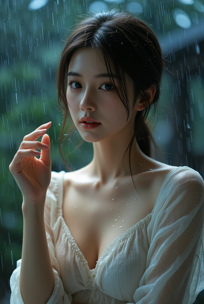 A Japanese woman wearing a white blouse without underwear.。A picture of a woman drenched in the rain, taking shelter
