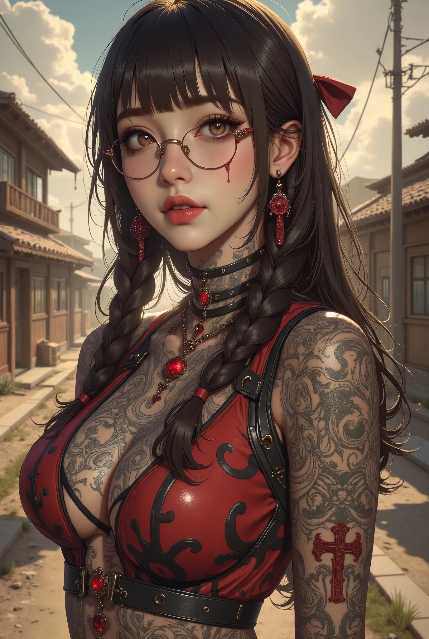 Fine、(The best illustrations)、8k UHD resolution、intricate-detail、top-quality、realisitic、ultra-detailliert、The best lighting、Best Shadows、Soft lighting、Ulutra HD、Ultra-realistic、Tindall Effect、Photorealsitic、(High Detail Skins:1.2)、 (Intricate details, makeup, pureerosface_v1:0.5), (Detailed beautiful delicate face, Detailed beautiful delicate eyes, A perfectly proportioned face, High detailed skin, Detailed skin, best ratio four finger and one thumb, arms below breasts, Tattoo with a red glow under the stomach、Awesome awesome, wide hips, smooth midriff, skiny and thin, __Fashion__, __hair__:1.25)、Digital SLR、 absurderes、1 beautiful devil woman from hell, surreal female portraits by David Hockney and Alphonse Mucha, Portrait of a seductive woman、Fantasy Art, Chinese Doll、Chinese actress、Dungeon、The dragon、Devil's Palace、Devil's Torture Chamber、natta、Dark style 、In the Dark、(Detailed spooky backgrounds:0.8), magia、 1人、Evil Nun、Dark Necromancer、Succubus、Devil's Daughter、Umi Shinonome、Bat Wings,(((Demon Horns)))、 ((((Huge glasses, Otaku Glasses, thick glasses, Round glasses)))),(((Colossal tits)))、(Devil's Tail)、(red eyes glowing:1.6)、red eyes make up very sharp and detailed, The eyes are very well made up, ((Red Eye:1.0)),intricate tattoos, demonic intricate tattoos, thigh tattoos, body tattoos, masterpiece、The most beautiful face、a baby face、Charming smile、plump beautiful red lips、Muscular seductive body、The enchanting body of the devil、devil style、Seductive Black Magic Costume、(((A shiny red snake is wrapped around her body)))、Longhaire、Braids、Black hair、Ponytail distortion、, Ponytail with a bow tied at the back of the hair, Beautiful expression、Body Up、Large breasts emphasis、Bust, Super tight breasts, Breast augmentation surgery, The breasts are very big and round and round,Toned waist、Wide buttocks、 lowkey, cowboy lens, (red phoenix dress: 1.0), devil crown, Red sparkling gemstone necklace、Jewelry Gwise, wearing black mesh socks,wearing a thin red and black