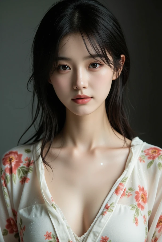 best quality, masterpiece, (lifelike:1.4), 1 17 year old girl, A faint smile, Dark green hair,White nurse uniform,Nipple protrusion,Wet,A lot of sweat,Marks,blushed skin,/Upscale,Height 175cm,Natural beautiful face,slim body,Pure white background,Fair and rosy skin,Messy Curls
