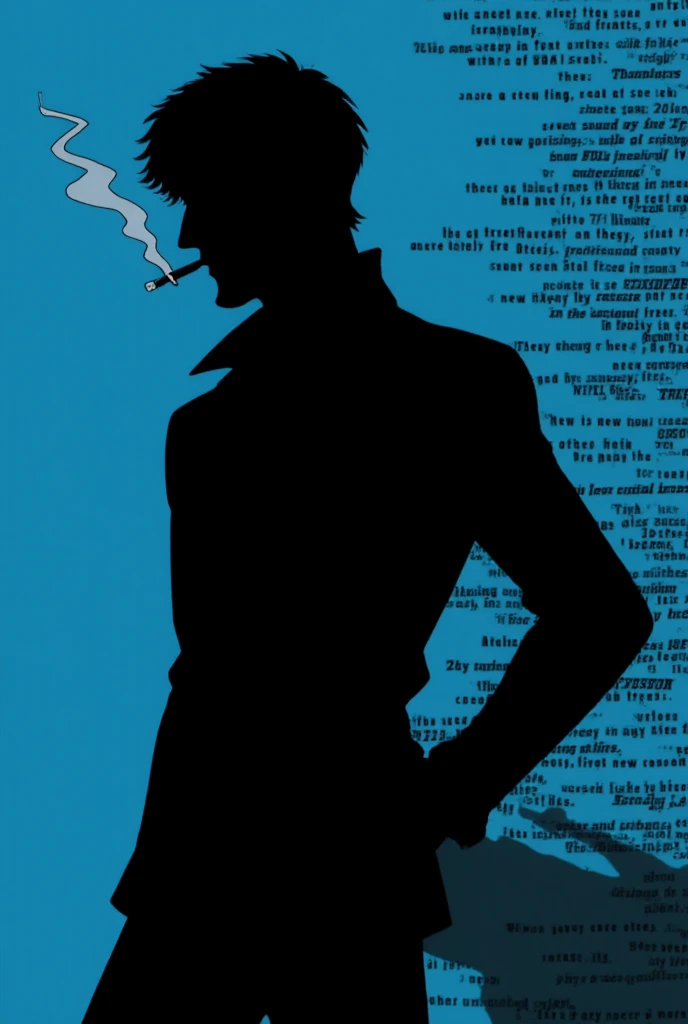 (best quality,8k,highres, masterpiece:1.2).(Cowboy Bebop style),(silhouette art),ultra-detailed, HDR, UHD, studio lighting, ultra-fine painting, sharp focus, physically-based rendering, extreme detail description, professional, bokeh, portraits, concept artists, dramatic lighting,A background with multiple sentences in English on a blue backdrop, silhouette art, a man with short, wavy hair wearing a suit with the collar of his dress shirt up, holding a cigarette in his hand and smoking, gray smoke from the cigarette, the upper body of a man facing right, Spike Spiegel.