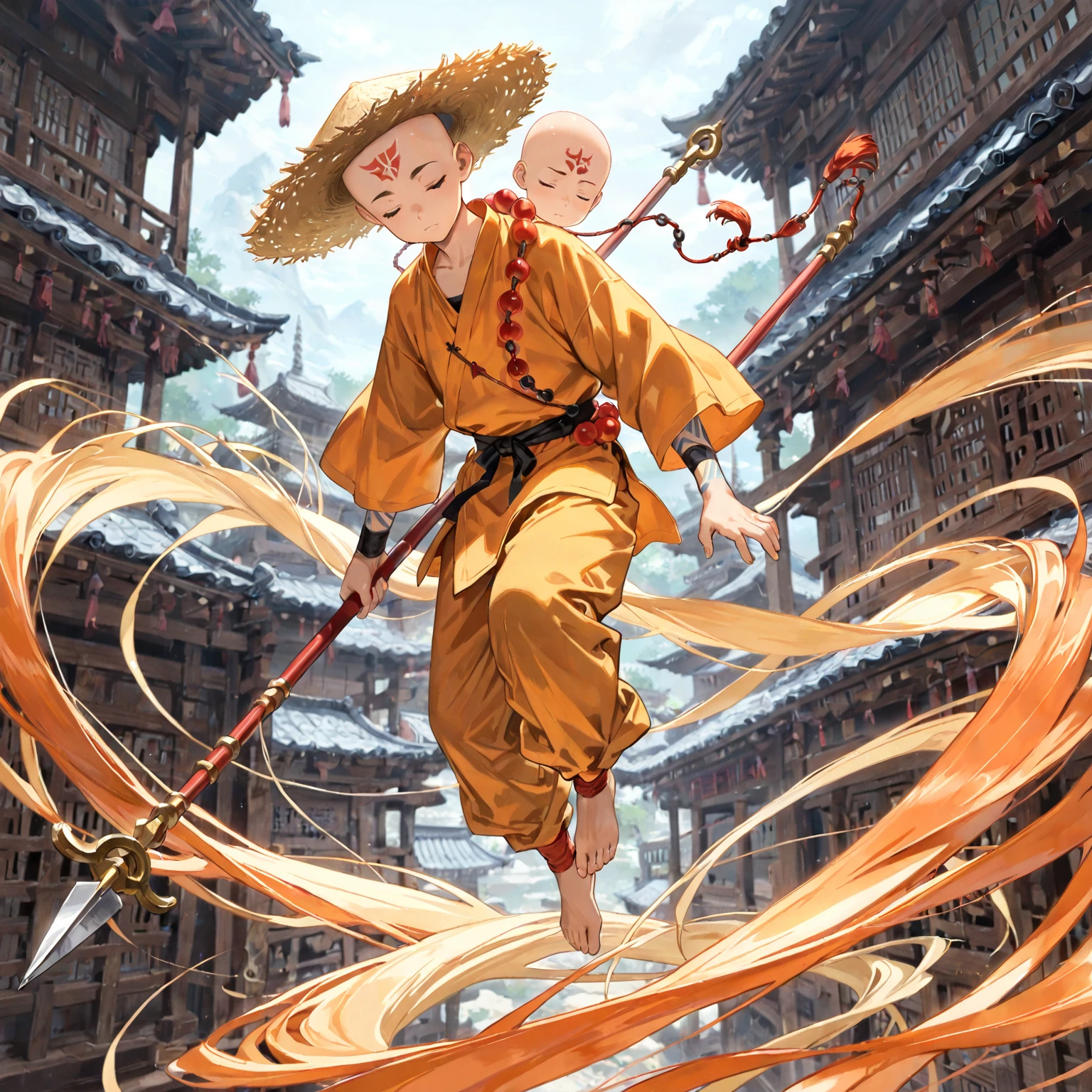 (masterpiece, Highest quality:1.2), (1guy), young adult, tall, ,solo,monk beads, bald, Straw Hat, Eyes closed, holding a bo staff, Orange and yellow Chinese monk clothing, Air temple background, meditating and floating, winds flowing pale blue forhead arrow tattoo.