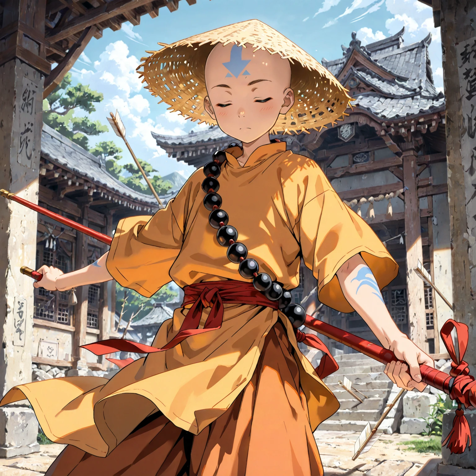 (masterpiece, Highest quality:1.2), (1guy), young adult, tall, ,solo,monk beads, bald, Straw Hat, Eyes closed, holding a bo staff, Orange and yellow Chinese monk clothing, Air temple background, meditating and floating, winds flowing pale blue forhead arrow tattoo.