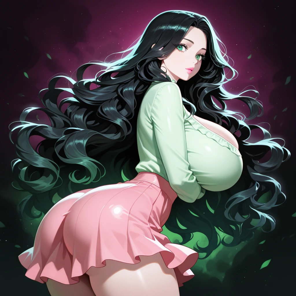 ((bangs)),((((dark-skinned:1.4)))), (long hair), (plump lips), ((full lips)), ((full lips)), (((oval glasses))), solo, (purple hair), ((long hair)), ((((curly hair)))), (huge breasts) ((light purple eyes)), ((siren eyes)), ((cleavage)), ((thick thighs)), ((((wide hips)))), ((thick)), (((curvy))), ((thighhighs)), ((lace)), super detailed, ((indoors)), girl room, ((goth room)), sparkles, ((evil grin)), light blush, ((see-through shirt)), (nipples), ((((close up)), (leaning forward), (masterpiece), (good quality), ((piercings)), (mole), ((black skirt dress)), ((white fitted shirt)), (black thighhighs),